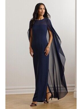 New Lauren Ralph Lauren Lavati Capelet Gown In Navy Blue Size 14 $265
